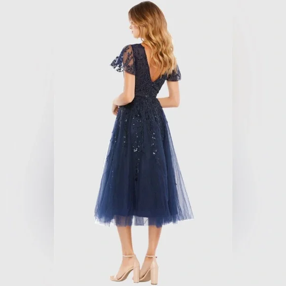NEW MAC DUGGAL Embellished Flutter Sleeve Tea-Length Dress Midnight Navy 20304 - Picture 4 of 9